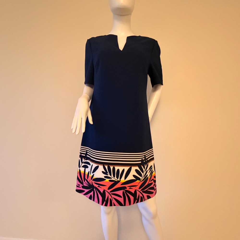 Trina Turk Women's Navy Blue Tropical Border Print Shift Dress Short Sleeve 8